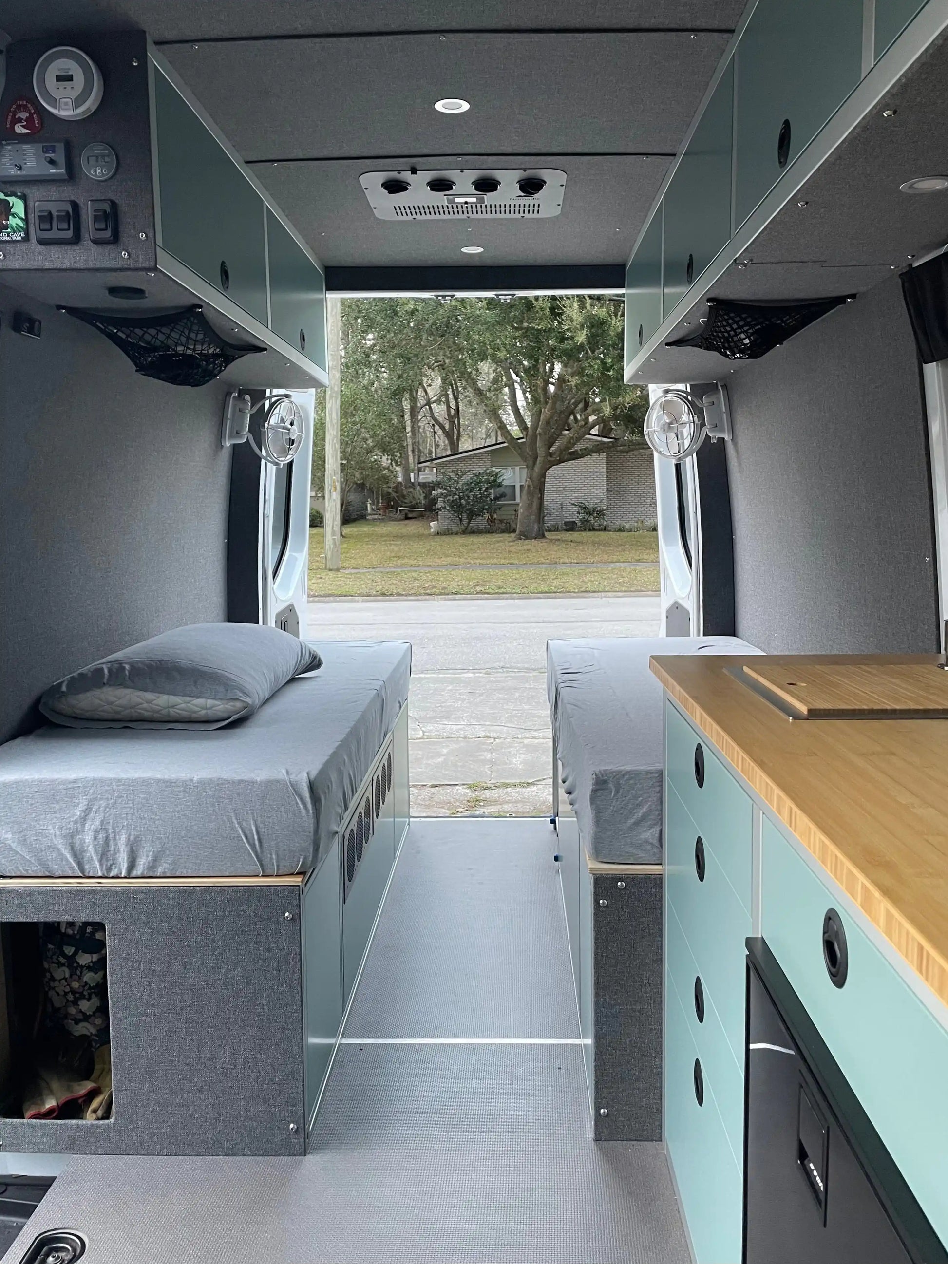 Van Build Cabinet Door Lift Strut Mounts on 80/20 framing