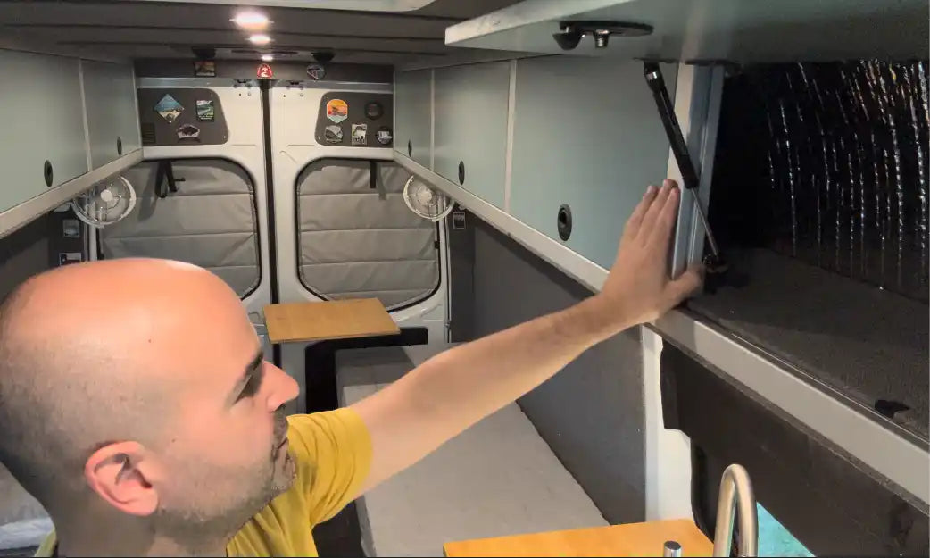 Van Build Cabinet Door Lift Strut Mounts installed