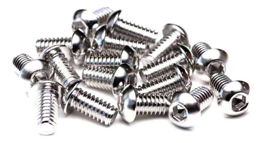 M6 stainless button-head screws, nyloc nuts, and washers