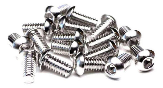 M6 stainless button-head screws, nyloc nuts, and washers